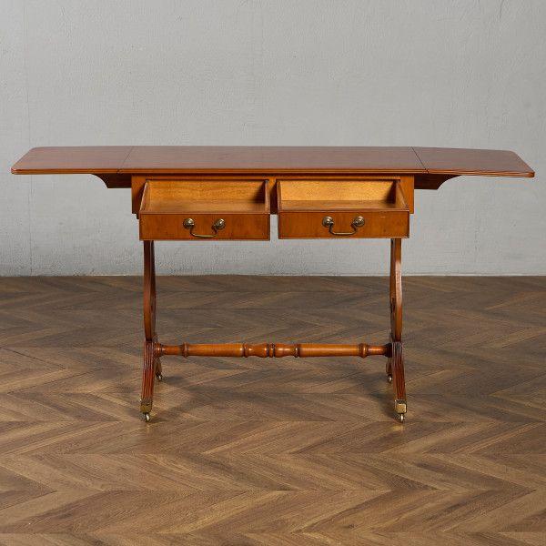 J. SYDNEY SMITH ハープモチーフ バタフライ サイドテーブル IZ95372E★ テーブル イチイ キャスター 引き出し 拡張天板 収納 ハープ アンティーク #95372