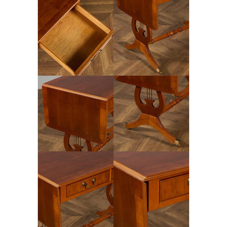 J. SYDNEY SMITH ハープモチーフ バタフライ サイドテーブル IZ95372E★ テーブル イチイ キャスター 引き出し 拡張天板 収納 ハープ アンティーク #95372