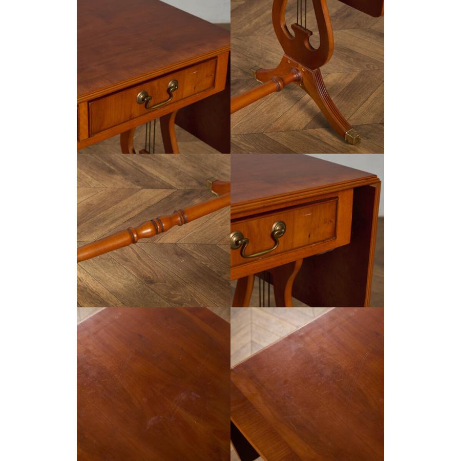 J. SYDNEY SMITH ハープモチーフ バタフライ サイドテーブル IZ95372E★ テーブル イチイ キャスター 引き出し 拡張天板 収納 ハープ アンティーク #95372