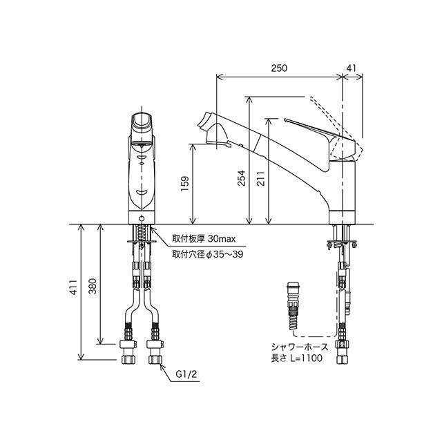 KVK ケーブイケー KM5021JTEC 流台シャワー付混合栓 e 上 : モトメガネ