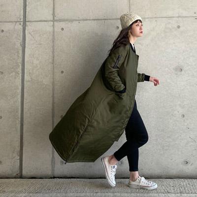 ロングＭＡー１ 渋カーキ メンズライク レディースファッション ジャケット ブルゾン コート ロング マキシ アウター 中綿 キルティング