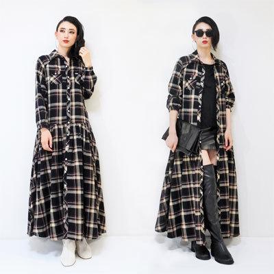 チェック シャツ ワンピ Bネル ブラック コットン 長袖 マックス