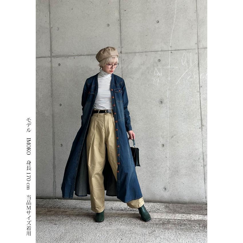 襟なし 7オンス デニムワンピース ノーカラー レディース