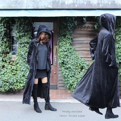 ベロア ダブルジッパー パーカーワンピ 上下開閉 ジップアップ 逆開き