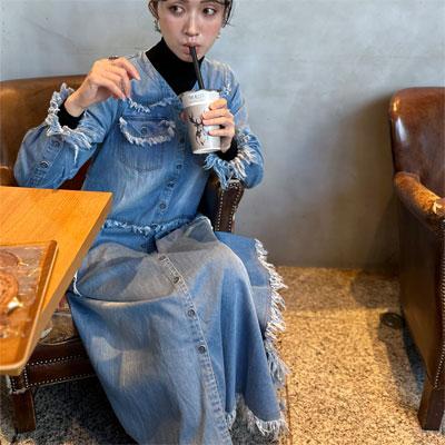 フリンジ デニム ワンピース 5.5オンス こなれた羽織りにオススメ 大人