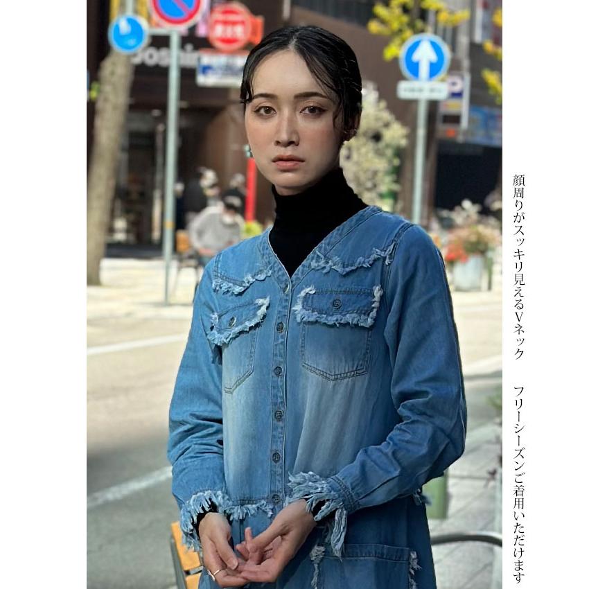 フリンジ デニム ワンピース 5.5オンス こなれた羽織りにオススメ 大人
