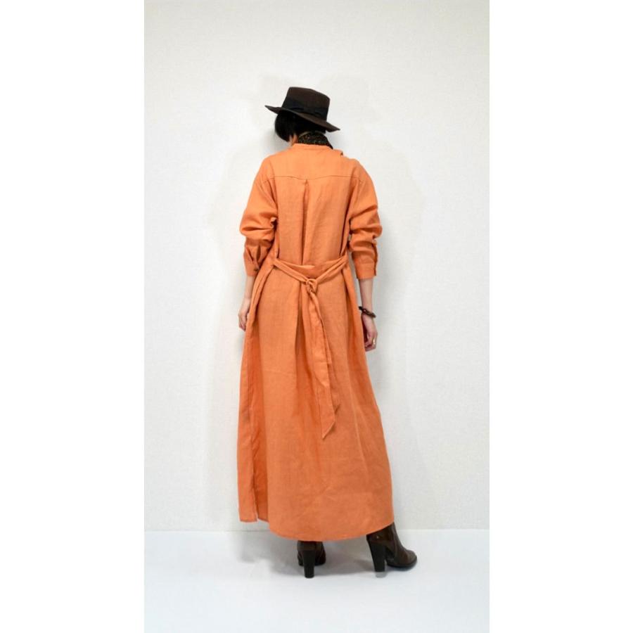 Veritecoeur ⿻ リネン バンドカラー ワンピース 春夏 ルーズ リネン バンドカラー ワンピース シャツ トール アースカラー オレンジ