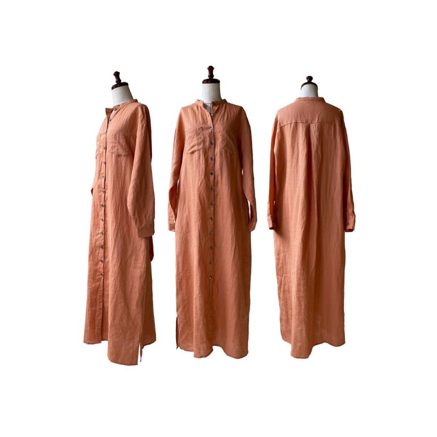 リネン バンドカラー ワンピース シャツ トール アースカラー オレンジ