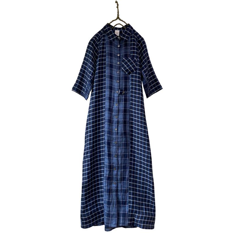 ブルーチェック 五分袖ワンピース ゆったりなのにスッキリ リネン100