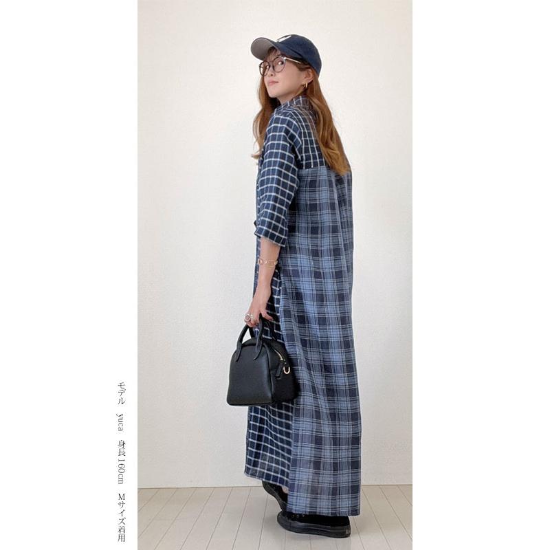 ブルーチェック 五分袖ワンピース ゆったりなのにスッキリ リネン100