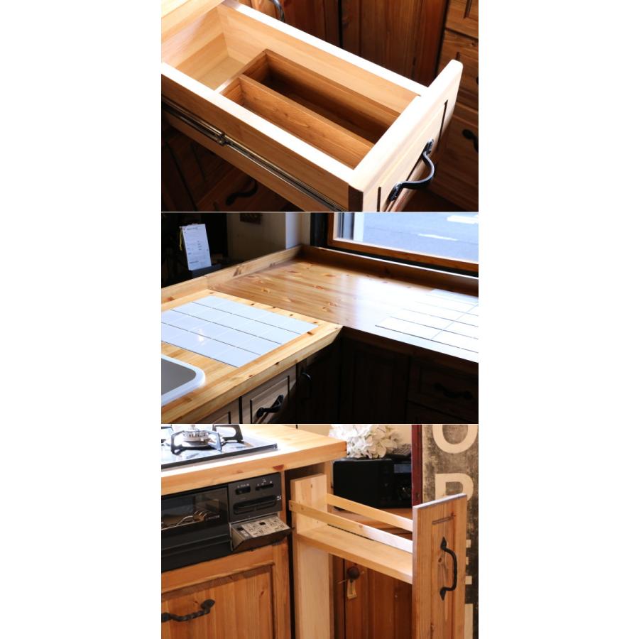 カントリー　キッチン　L型　W2250　W1950　メラミン天板　北欧　サイズ変更可能　収納　木天板　パイン材　無垢　オーダー家具　木目調　木製