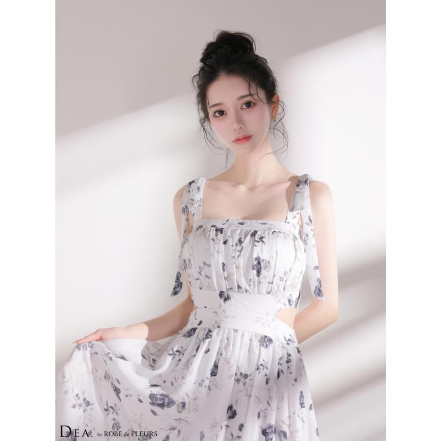 【DEA. by ROBE de FLEURS】花柄/ シフォン/ ウエストカット/ 肩リボン/ ノースリーブ/ フレア/ ロングドレス/ キャバドレス/ ワンピース [DE4653]