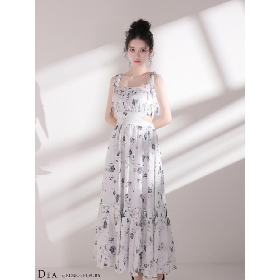 【DEA. by ROBE de FLEURS】花柄/ シフォン/ ウエストカット/ 肩リボン/ ノースリーブ/ フレア/ ロングドレス/ キャバドレス/ ワンピース [DE4653]