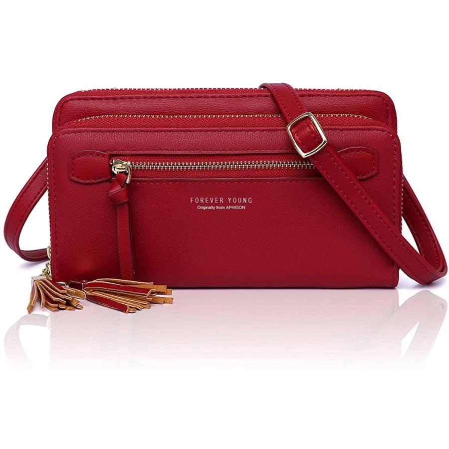 Yoviee レディース お財布バック 横向き お財布ポシェット スマホポーチ 携帯ポーチ レッド 超人気の N008 お財布ショルダーバッグ 斜めがけ