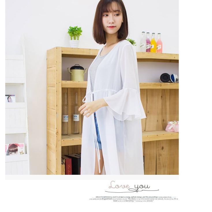 レディース シフォン ロングカーディガン ガウン 七分丈 フレア袖 前