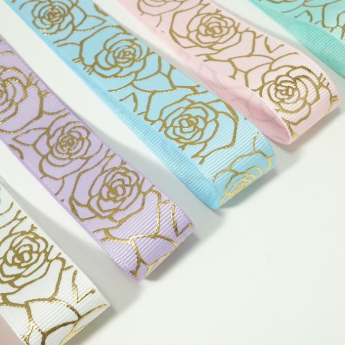 高密度グログランリボン ゴールドローズ柄 22mm : Candy Smile