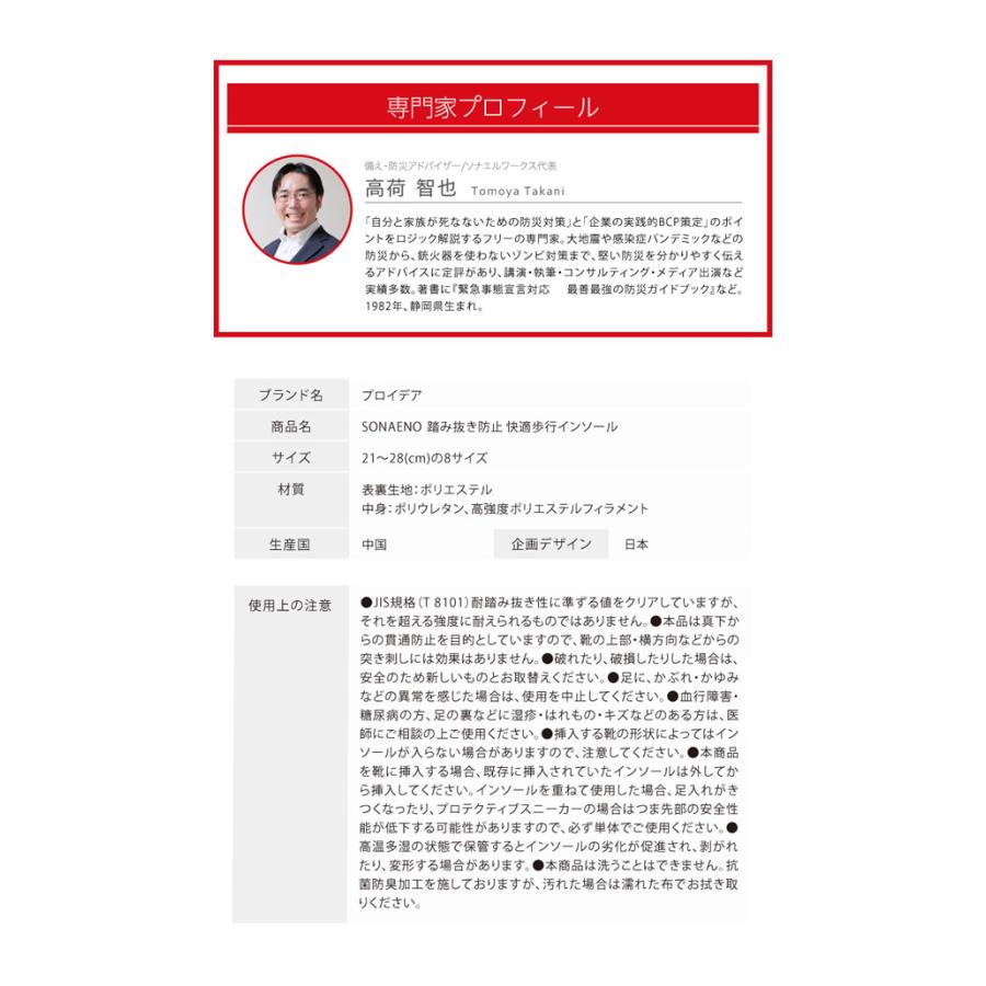 SONAENO 踏み抜き防止快適歩行インソール (送料無料) 防災グッズ ソナエノ 防災 震災 災害 防災シューズ ガラス 釘 けが予防 安全靴 災害対策グッズ 備え 避難所 | PROIDEA | 15