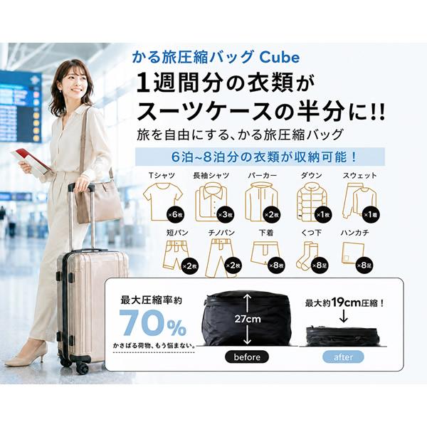 かる旅圧縮バッグ Cube Mサイズ (送料無料) 圧縮袋 衣類 旅行用圧縮袋 圧縮バック 収納 高圧縮 大容量 旅行 出張 トラベル 便利グッズ トラベルグッズ | ブランド登録なし | 01