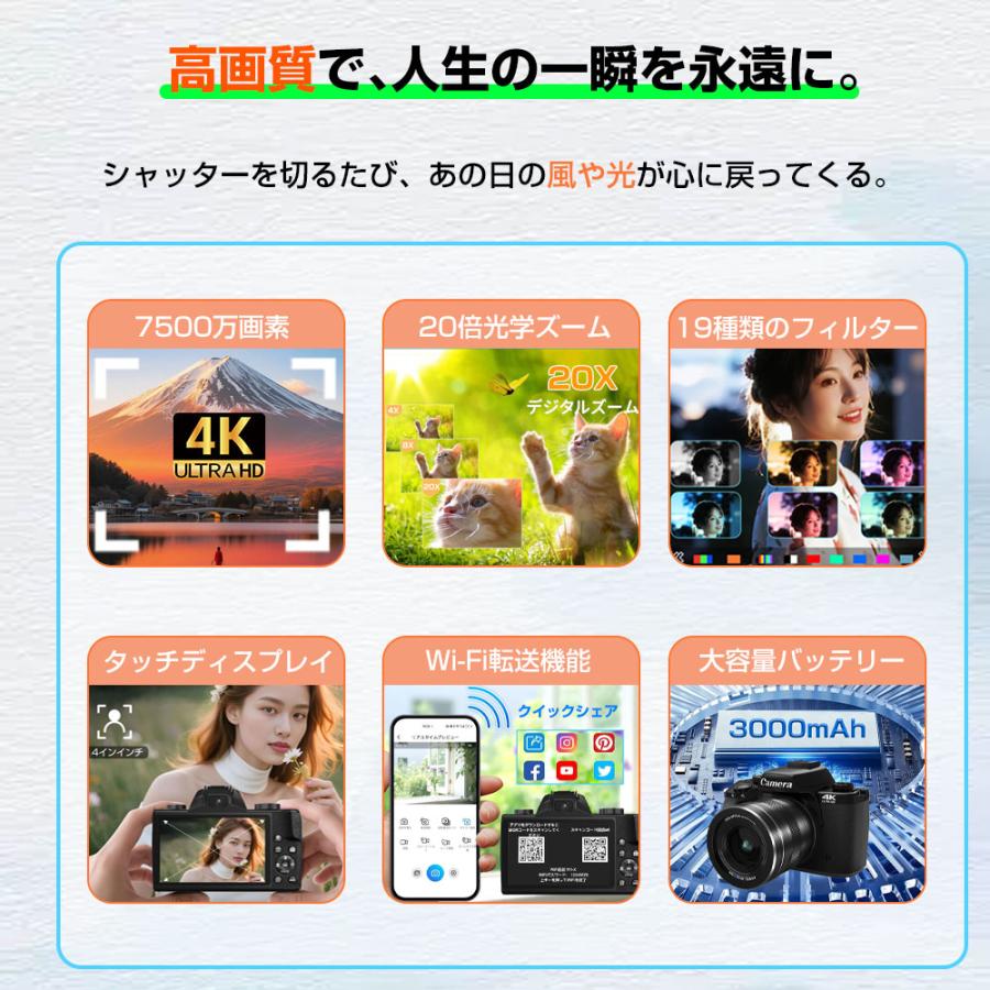 デジカメ デジタルカメラ 4K 高画質 7500万画素 20倍ズーム オート