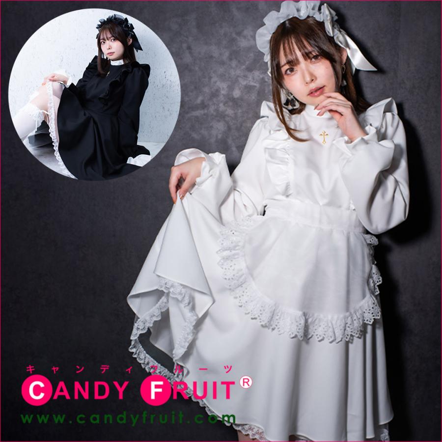 クローチェメイド服（ブラック/ホワイト） レディース 長袖 ゴシック ゴスロリ シスター 黒 白 Mサイズ