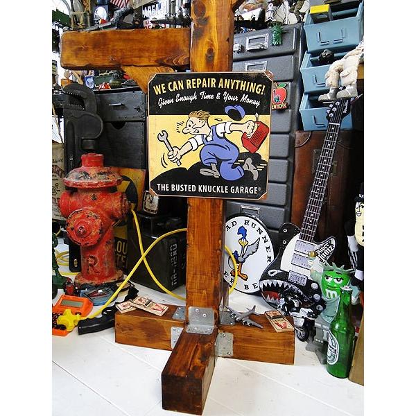 アメリカ　ブリキ看板　バステッドナックルガレージのガレージシーン　U.S.ヘヴィースチールサイン　（リペアマン）　アメリカ雑貨 | アメリカン レトロ | 01