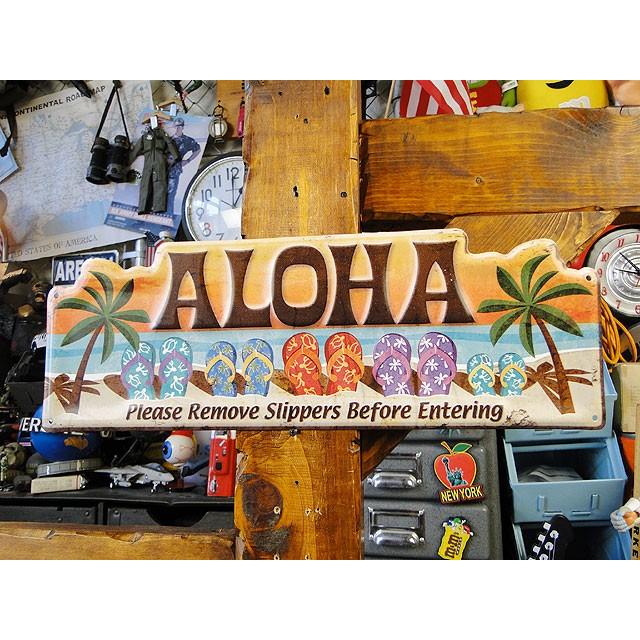 「サンダルはココで脱いでね！」　ハワイアン　エンボスティンサイン ■ アメリカン雑貨 アメリカ雑貨 看板 | 