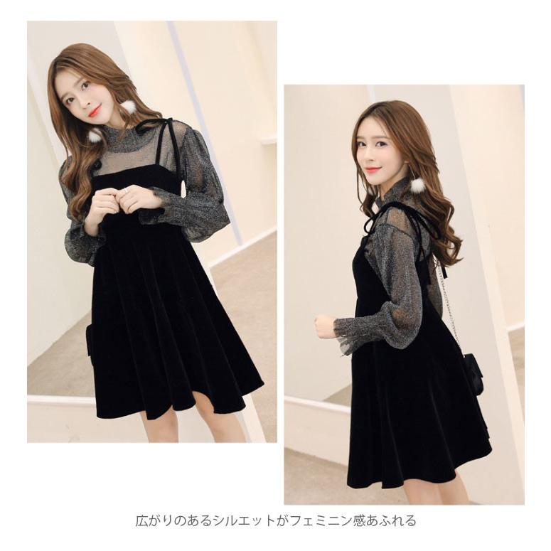 ワンピース レディース 2点セット ブラウス 透けブラウス ショートワンピース キャミソールワンピース キャミワンピ 長袖 ハイネック シャーリング 当店の記念日