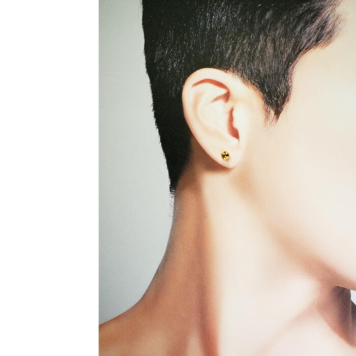 メンズピアス 片耳 18金 18K シトリン 5mm 軸太 ロングポスト 日本製
