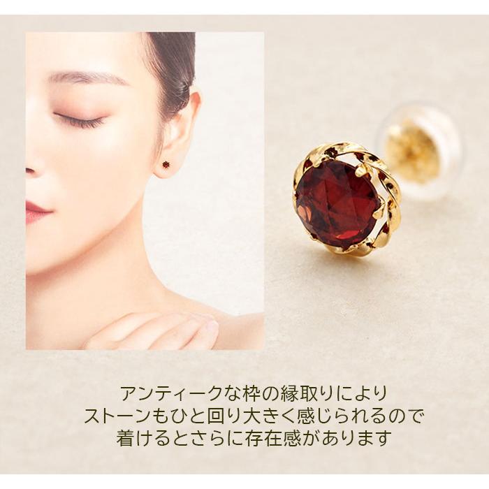 幸運のジュエリーローズカット ピアス K18 18金 ガーネット 軸太0.65mm