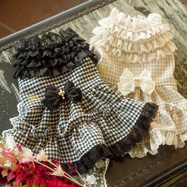 CanNana 犬 服 犬の服 冬服 秋冬 千鳥格子エレガントワンピース レース