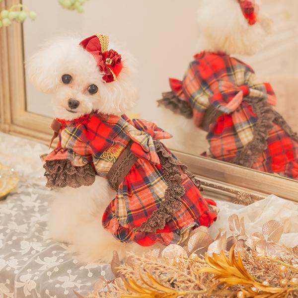犬服 No.168 スコットチェック赤わんぴ ハンドメイド 犬服 No.168 スコットチェック赤わんぴ ハンドメイド ワンピース