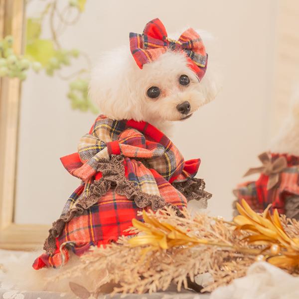 犬服 No.193 かすれ風チェックワンピース ハンドメイド CanNana 犬 服 犬服 秋冬 クラシカルチェックワンピース おしゃれ