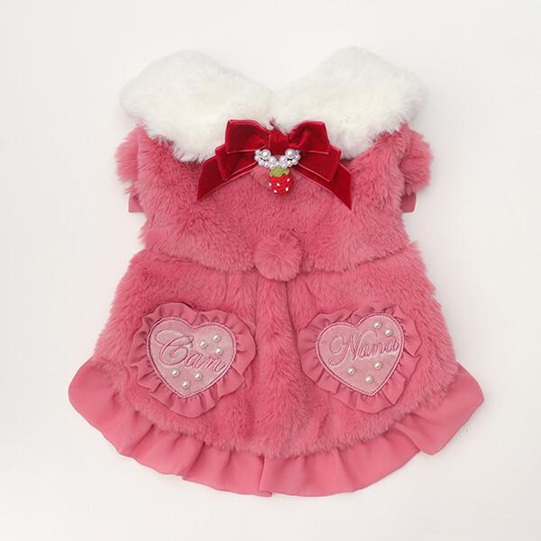 CanNana 犬 服 犬の服 冬 ブローチ付冬いちごファーコート 丸襟 ハート