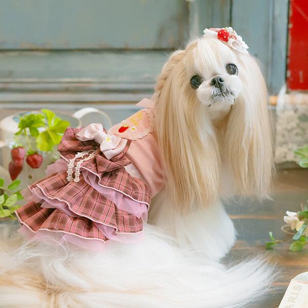 CanNana 犬 犬服 春 レトロいちごタータンチェックワンピース チュール