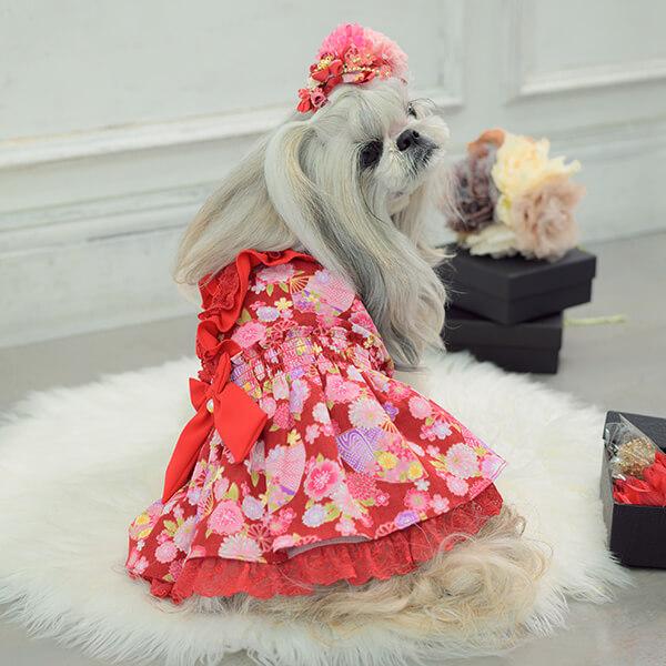 CanNana 犬 犬服 秋冬 正月 ドックウェア ワンピース ロリータ 和柄