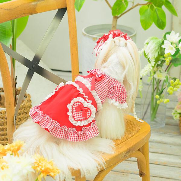 CanNana 犬服 春 ワンピース ギンガム フリル リボン 小型犬 女の子