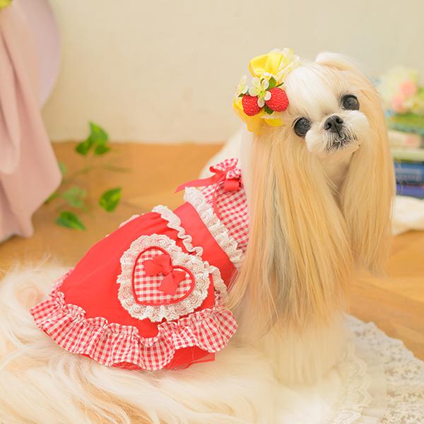 CanNana 犬服 春 ワンピース ギンガム フリル リボン 小型犬 女の子