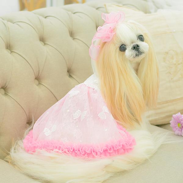 CanNana 犬服 春 ワンピース キャミワンピ 透け感 フリル リボン