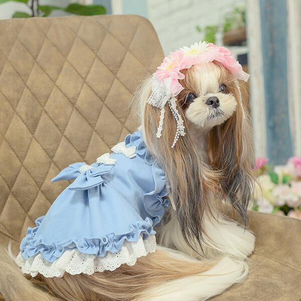 ハンドメイド犬服・デニム風ギャザーたっぷりワンピース CanNana 犬服 春 ワンピース デニム キャミワンピ レイヤード 小型犬