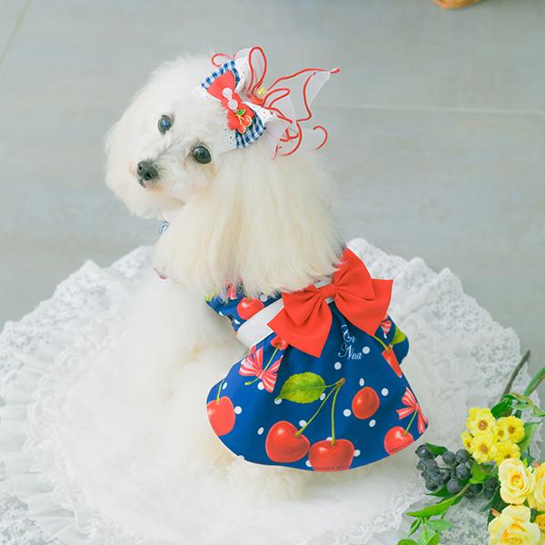 CanNana 犬服 春 夏 ワンピース さくらんぼ 柄 リボン COOL素材 小型犬