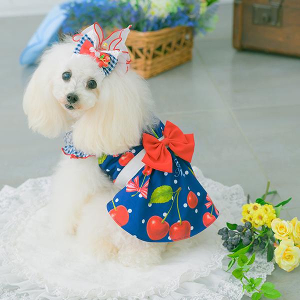 CanNana 犬服 春 夏 ワンピース さくらんぼ 柄 リボン COOL素材 小型犬