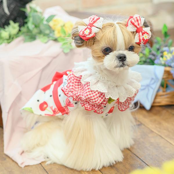 CanNana 犬服 春 夏 ワンピース さくらんぼ 柄 リボン COOL素材 小型犬