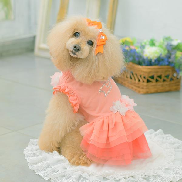CanNana 犬服 春 ワンピース チュール フリル リボン ラインストーン