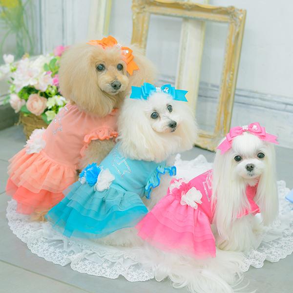 CanNana 犬服 春 ワンピース チュール フリル リボン ラインストーン