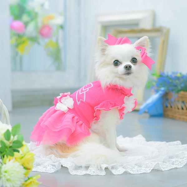 CanNana 犬服 春 ワンピース チュール フリル リボン ラインストーン