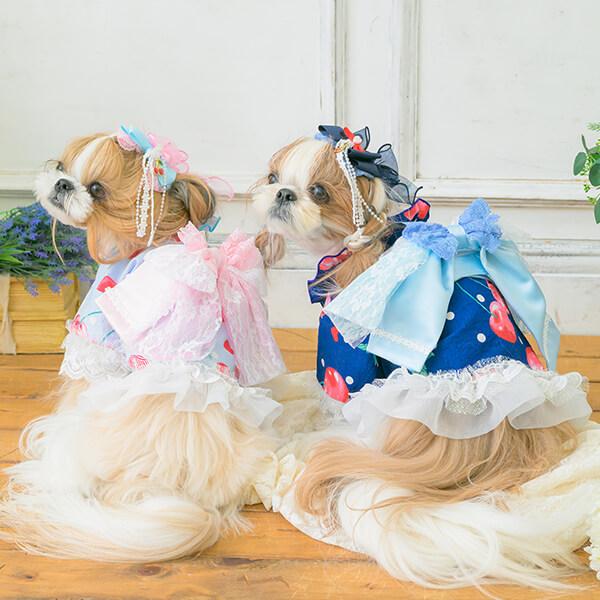 CanNana 浴衣 犬服 夏 サマー さくらんぼ フリル レース リボン 小型犬