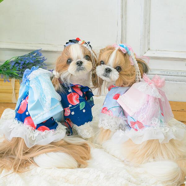 CanNana 浴衣 犬服 夏 サマー さくらんぼ フリル レース リボン 小型犬