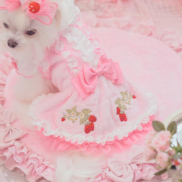 犬 犬服 秋冬服 ドックウェア ワンピース いちご かわいい フリフリ 小型犬 ブランド きゃんナナ 1199 | CanNana | 08