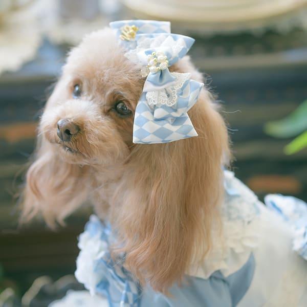 CanNana 犬 アクセサリー ダイヤ柄チェックアリスバレッタ リボン
