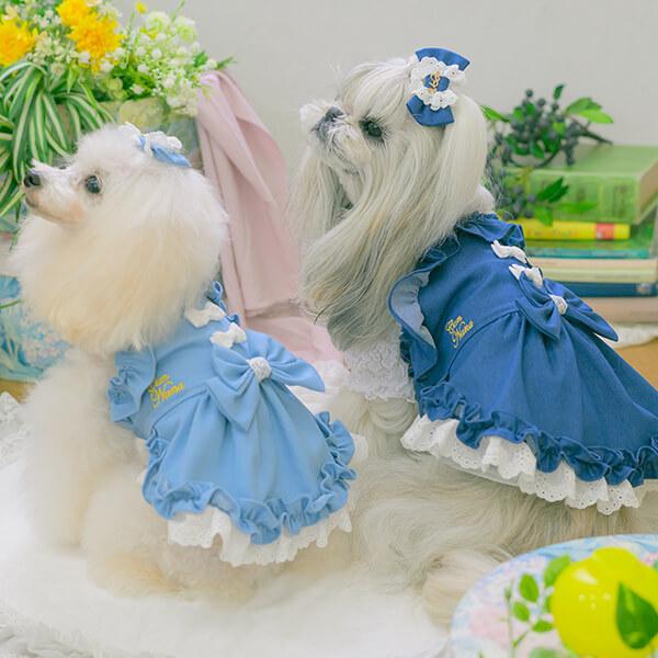 可愛い犬服 水色/バレッタ付き CanNana 犬 アクセサリー バレッタ リボン デニム レース ロゴ リンク